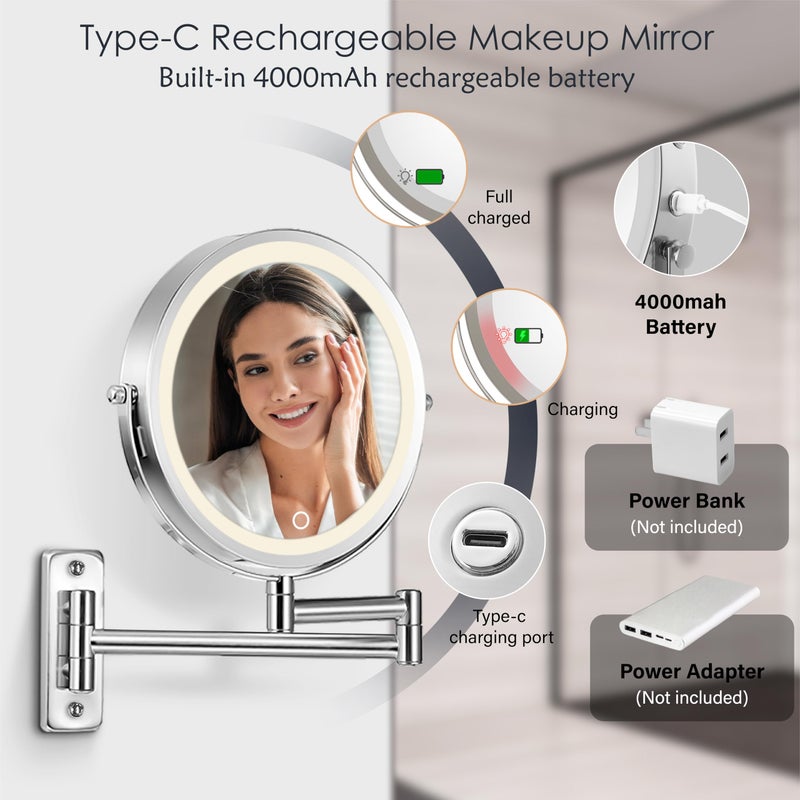 VESAUR 9"" 4000mAh Rechargeable Wall Mounted Lighted Makeup Mirror Nickel  1X/10X HD Undistorted Magnifying Mirror with 3 Color Lights Dimmable  360 Swivel Seamless Shaving Vanity Mirror 17"" Extendable Arm - Image 2
